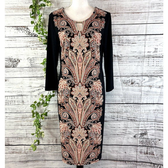 JM Collection DRess size Medium black Brown Paisley Straight Sheath Stretch Knee - Picture 1 of 16